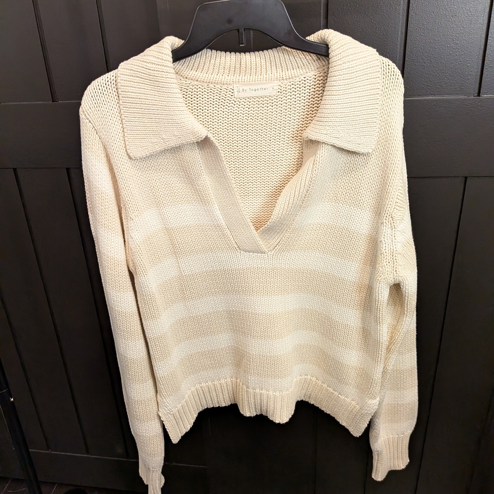 By Together Cream Striped V-Neck Sweater